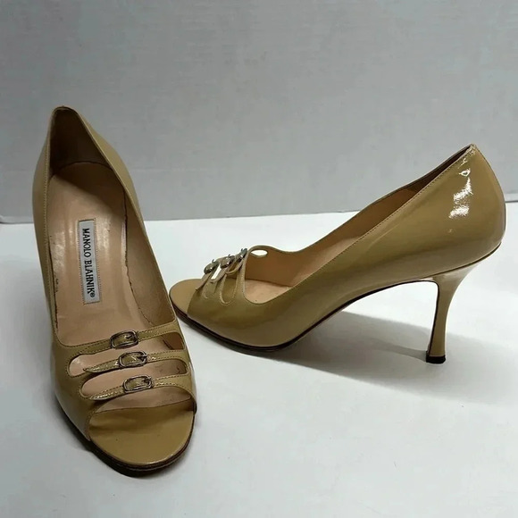 Manolo Blahnik Shoes - Manolo Blahnik High Heel Shoes Patent Leather Open Toe 3 Buckle Tan Nude Size 40